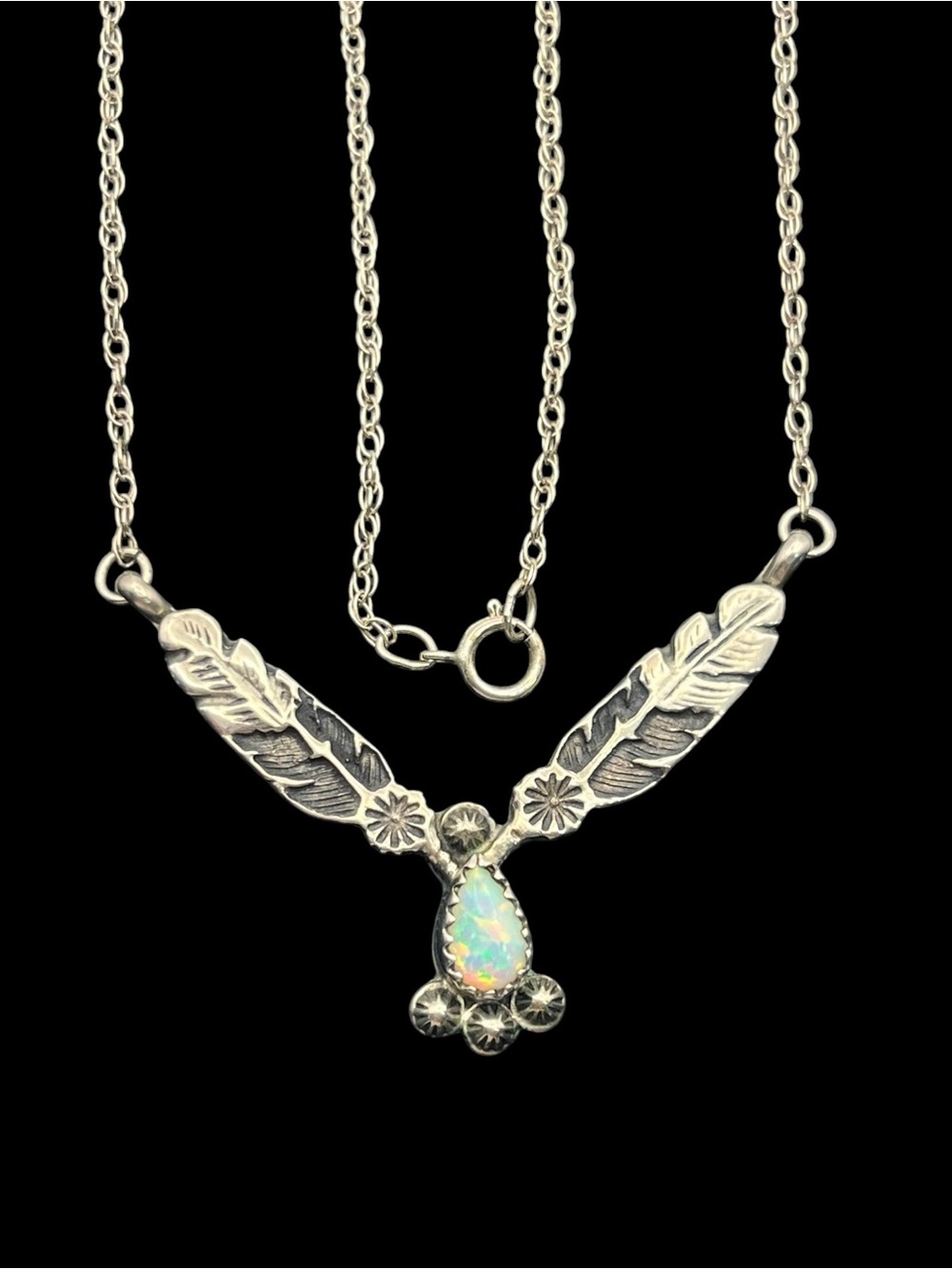 RB Navajo Native American sterling silver opal stamped feather necklace vintage